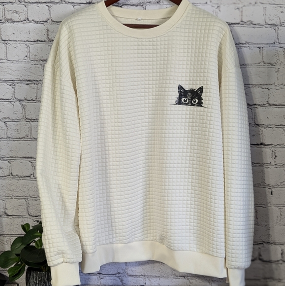 Lightweight waffle sweatshirt, cat print - Picture 1 of 8